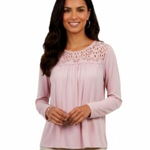 Philosophy Pink Long Sleeve Top Crochet Lace Trim